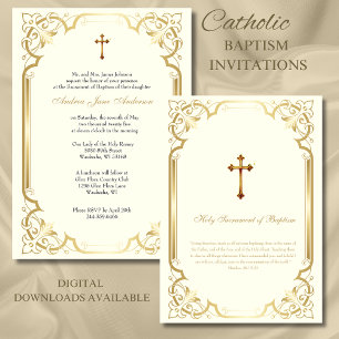 Invitation Élégant Baptême d'or catholique Christening