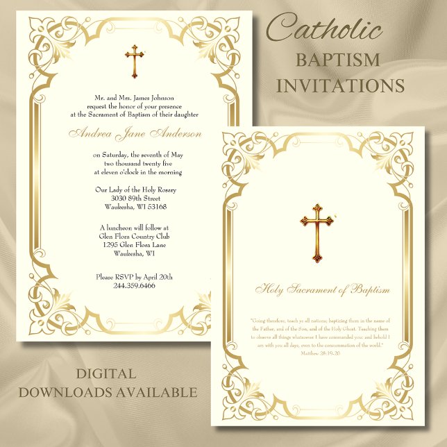 Invitation Élégant Baptême d'or catholique Christening (Créateur téléchargé)