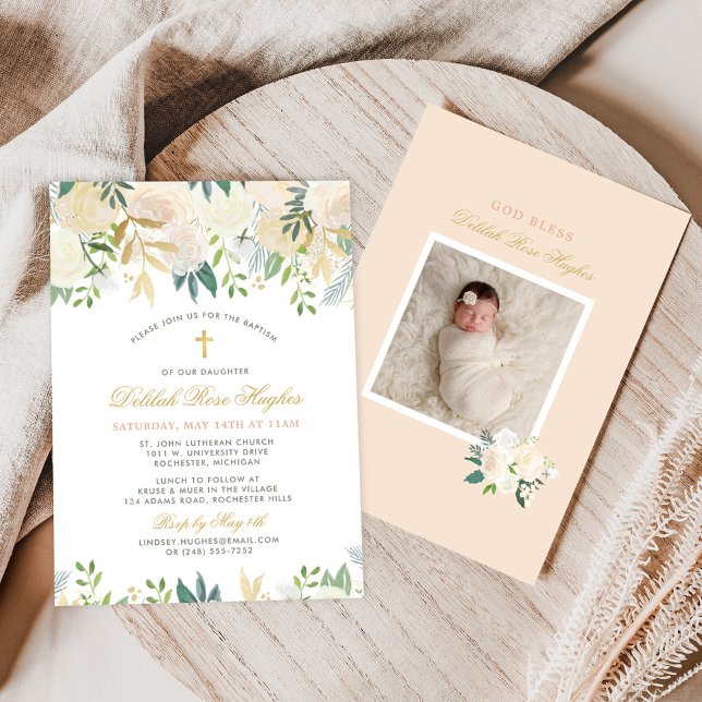 Invitation Élégant Baptême Fille Floral Vert Or Rose (Créateur téléchargé)