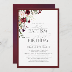 Invitation Élégant Baptême Floral Burgundy 1er Anniversaire