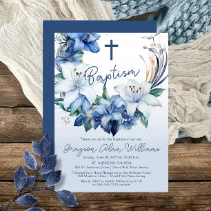 Invitation Élégant Baptême Floral Hiver Bleu Garçon