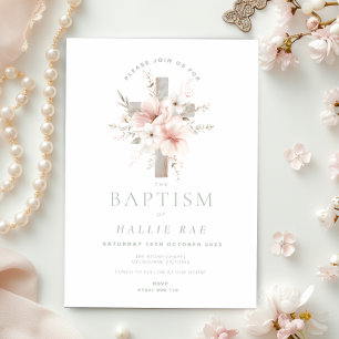 Invitation Élégant Baptême Floral pour Fille, Élégant rose