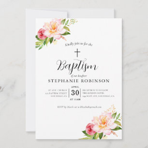 Invitation Élégant Baptême floral rose moderne