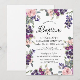 Invitation Élégant Baptême Floral rose violet