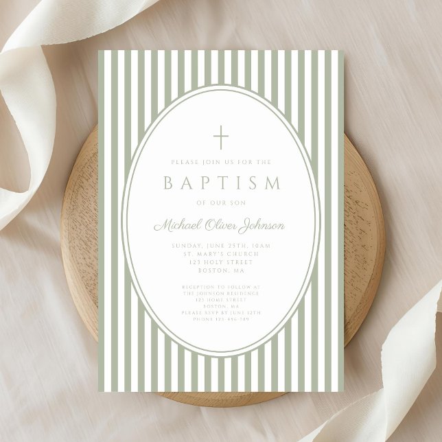 Invitation Élégant Baptême Garçon Rayé Vert Sage (Elegant Sage Grenn Striped Boy Baptism Invitation)