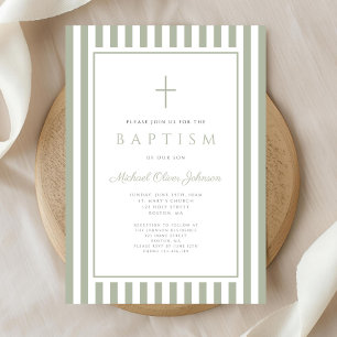 Invitation Elégant Baptême Garçon Vert Sauge Religieux
