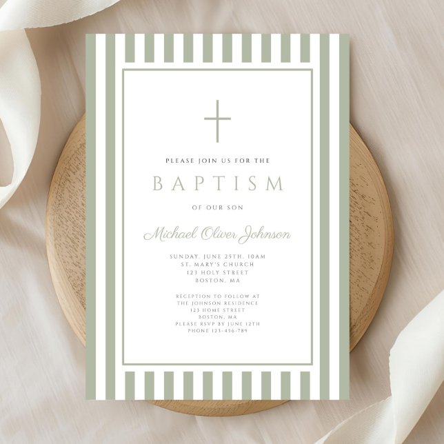 Invitation Elégant Baptême Garçon Vert Sauge Religieux (Elegant Religious Sage Green Boy Baptism Invitation)