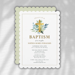 Invitation Elégant Baptême Gold Cross Watercolor Sage