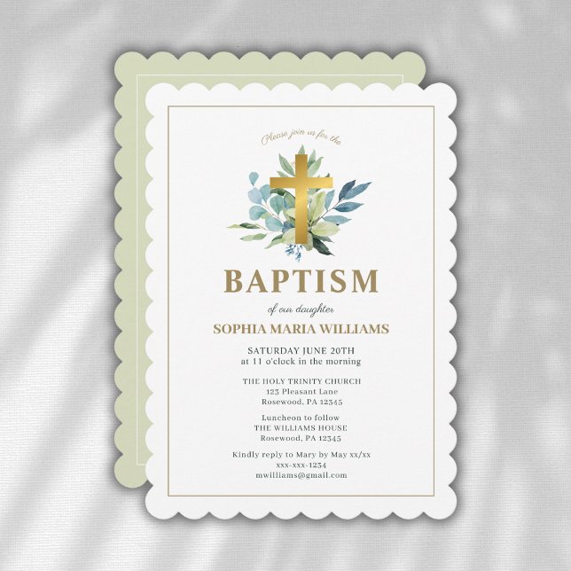 Invitation Elégant Baptême Gold Cross Watercolor Sage (Créateur téléchargé)