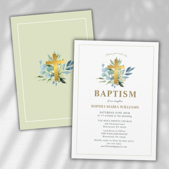 Invitation Elégant Baptême Gold Cross Watercolor Sage (Créateur téléchargé)