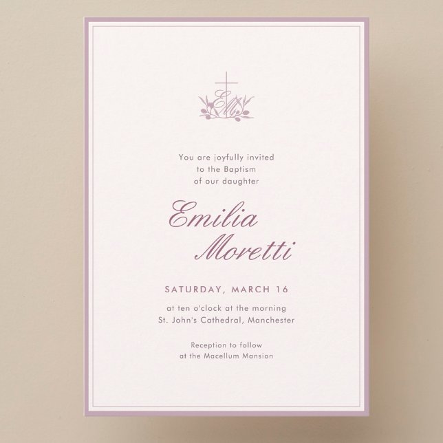 Invitation Élégant baptême initial Cross Olive rose poudré (Créateur téléchargé)