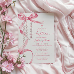 Invitation Élégant Baptême rose et Rosaire