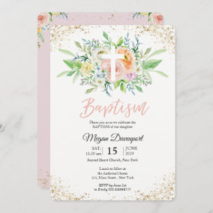 Invitation Élégant Baptême rose florale