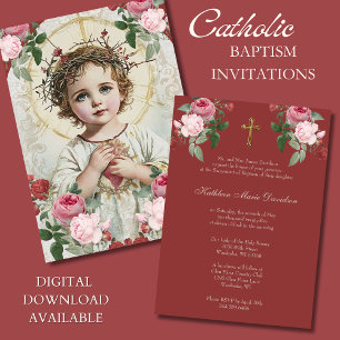 Invitation Élégant Baptême rose Rouge Floral Jésus