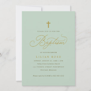 Invitation Élégant Baptême Sage Script Cross