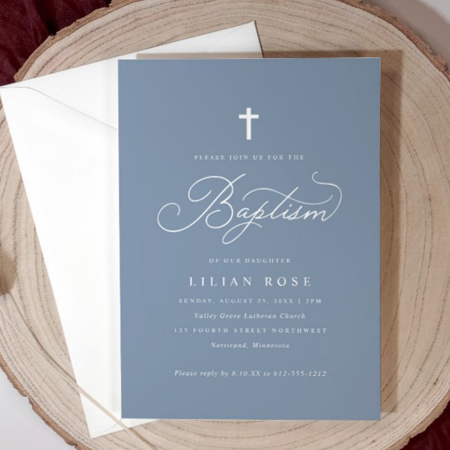 Invitation Élégant Baptême Script Croix Bleu Dusty (Dusty blue baptism invitation with gold script and cross—elegant, soft, and personalized.)