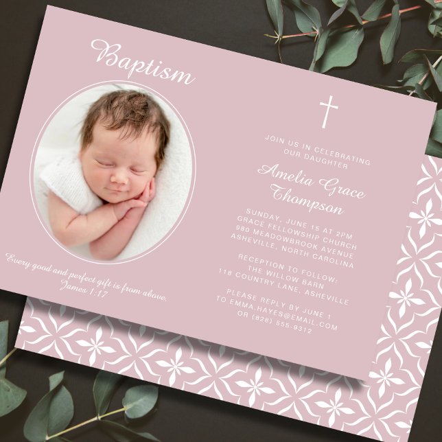 Invitation Elegant Baptism Religious Cross Photo Dusty Pink (Fully editable — personalize every detail.)