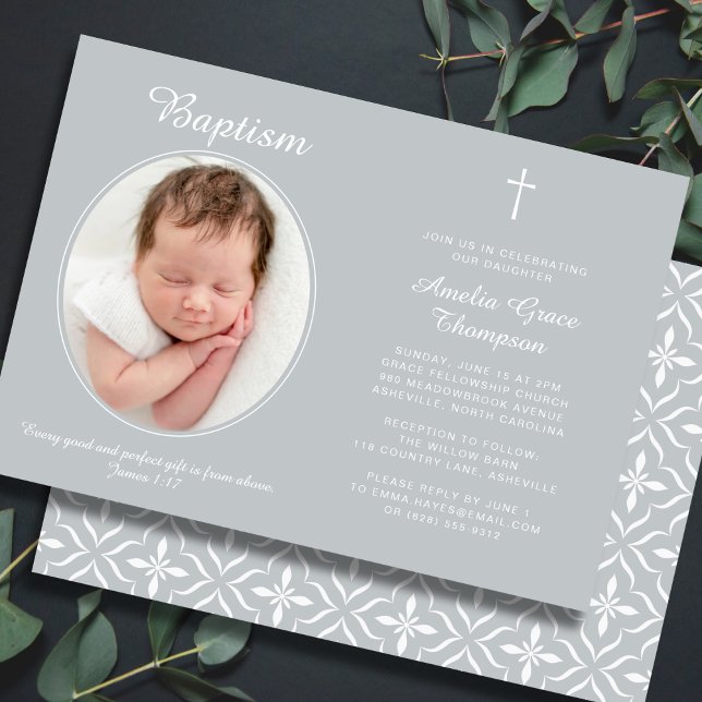Invitation Elegant Baptism Religious Cross Photo Neutral Gray (Fully editable — personalize every detail.)