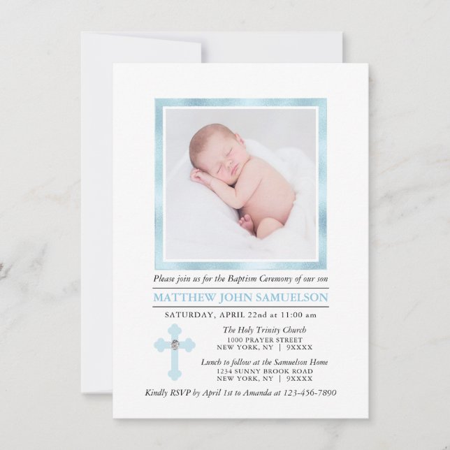 Invitation Élégant BAPTISME CHRISTENING Cross Blue Boy | PHOT (Devant)
