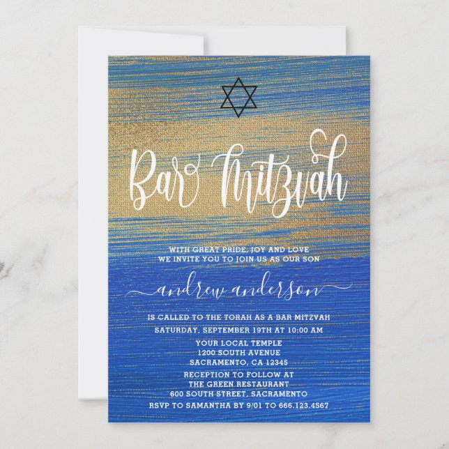 Invitation Elégant Bar Bleu Et Or Mitzvah (Devant)