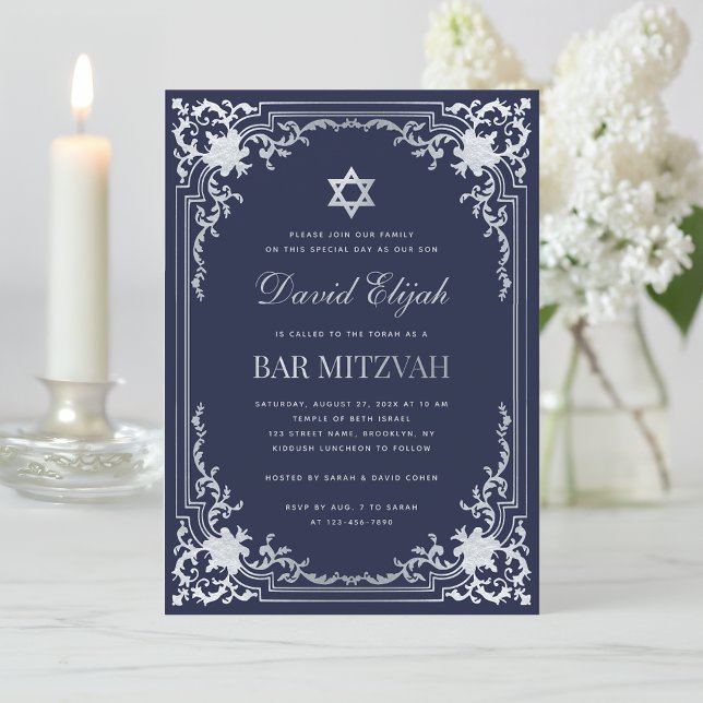 Invitation Elégant Bar Mitzvah Marine Bleu gris argent Vintag (Créateur téléchargé)