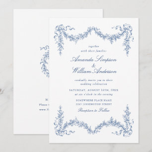 Invitation Elégant Baroque Bleu Jardin Français Floral Mariag