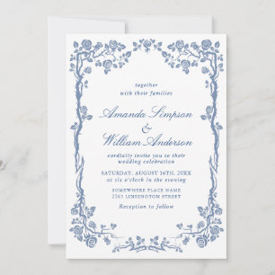 Invitation Elégant Baroque Bleu Jardin Français Floral Mariag