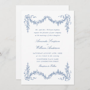 Invitation Elégant Baroque Bleu Jardin Français Floral Mariag