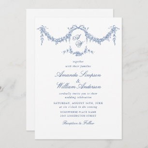 Invitation Elégant Baroque Bleu Jardin Français Floral Mariag