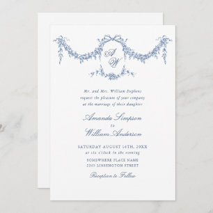 Invitation Elégant Baroque Bleu Jardin Français Floral Mariag