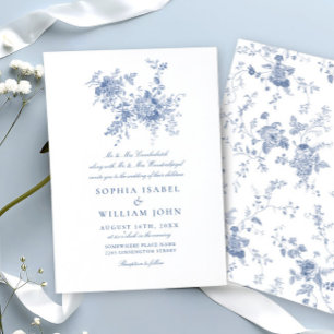 Invitation Elégant Baroque Bleu Jardin Français Floral Mariag