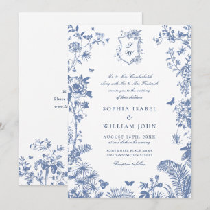 Invitation Elégant Baroque Bleu Jardin Français Floral Mariag