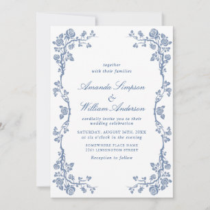 Invitation Elégant Baroque Bleu Jardin Français Floral Mariag