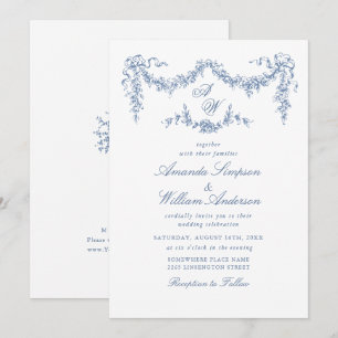 Invitation Elégant Baroque Bleu Jardin Français Floral Mariag
