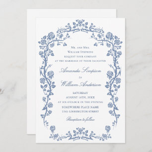 Invitation Elégant Baroque Bleu Jardin Français Floral Mariag