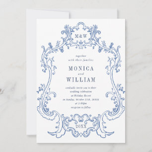 Invitation Elégant Baroque Dusty Blue Frame Mariage QR code