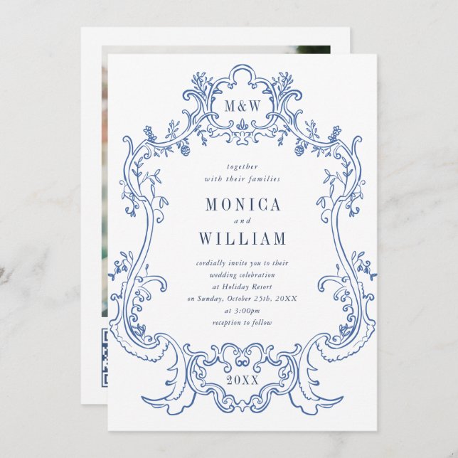 Invitation Elégant Baroque Dusty Blue Frame Photo Mariage (Devant / Derrière)