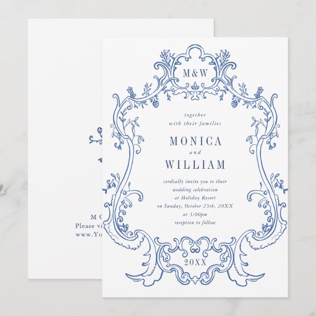 Invitation Elégant Baroque Dusty Blue Vintage Frame Mariage (Devant / Derrière)
