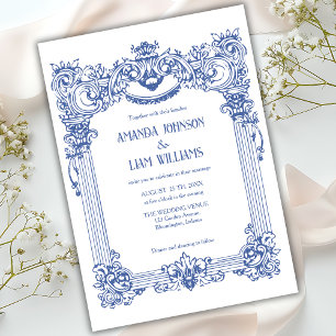 Invitation Élégant Baroque Floral Bleu Colonne Mariage 