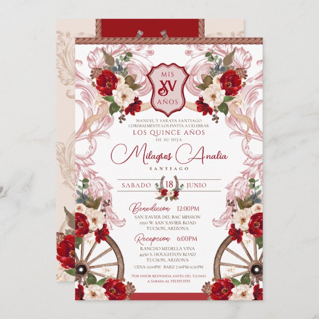 Invitation Élégant Baroque Floral Rouge Quinceañera (Devant / Derrière)