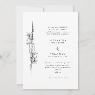 Invitation Élégant Baroque noir blanc Floral Mariage officiel