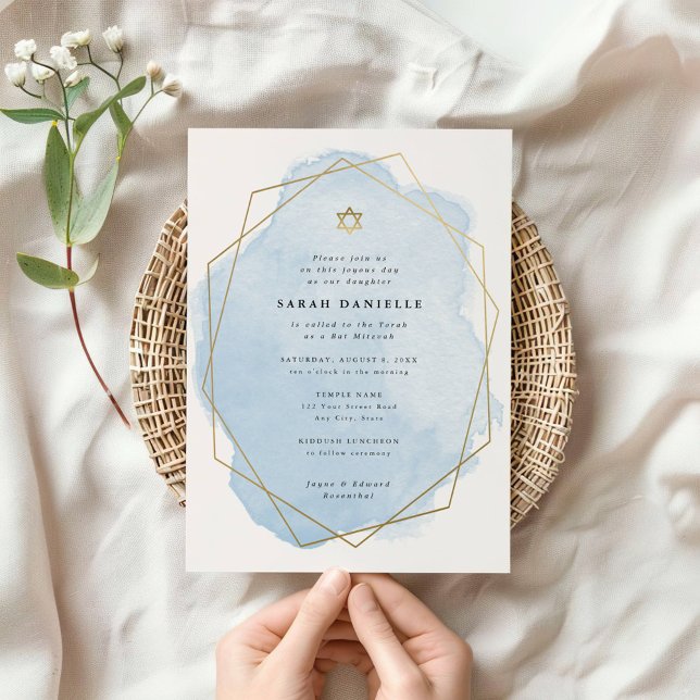 Invitation Elégant Bat mitzvah, Blue Watercolor Gold Frame (Créateur téléchargé)