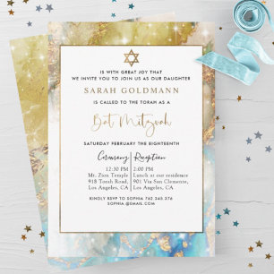 Invitation Élégant Bat mitzvah céleste bleu or et argent