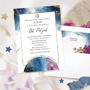 Invitation Elégant Bat mitzvah d'aquarelle céleste
