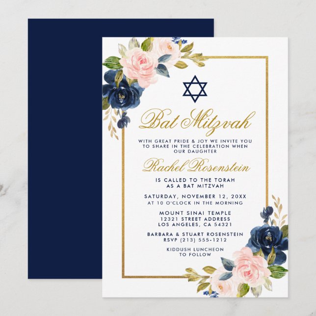 Invitation Élégant Bat mitzvah de cadre bleu rose floral or (Devant / Derrière)