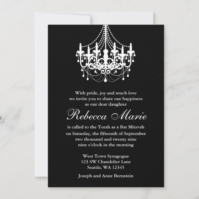 Invitation Élégant Bat mitzvah de lustre noir et blanc (Devant)