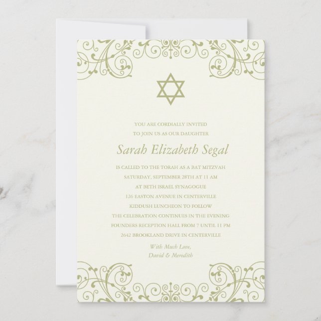 Invitation Élégant Bat mitzvah d'or (Devant)