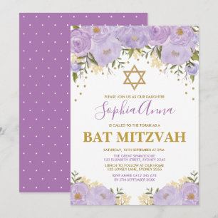 Invitation Élégant Bat mitzvah floral Lavender & Gold