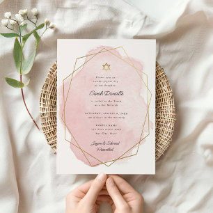 Invitation Elégant Bat mitzvah Gold Star Rose Aquarelle