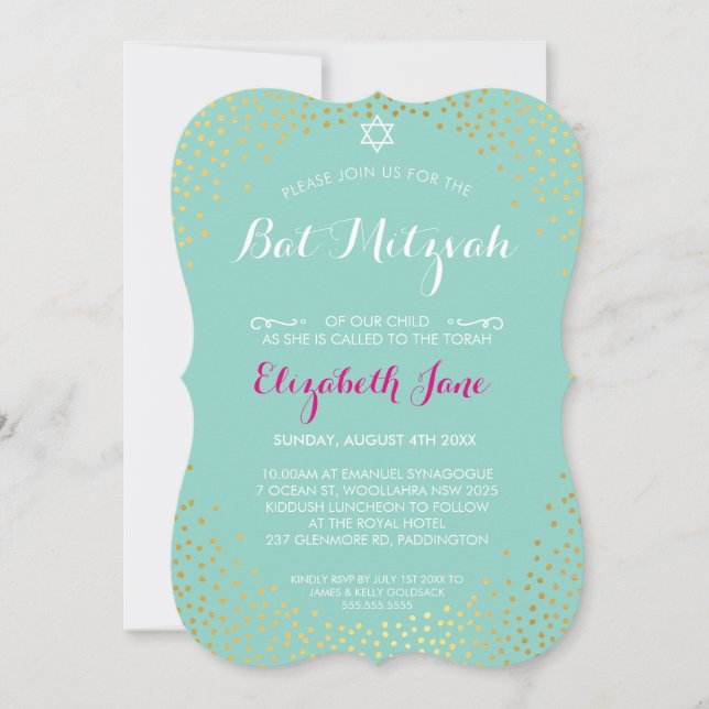 Invitation ÉLÉGANT BAT MITZVAH mini rustique confetti menthe  (Devant)